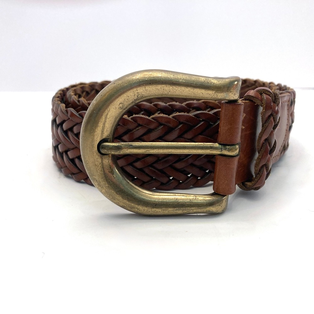 Vtg Lands End Brown Braided Woven Leather Belt Solid Brass Buckle